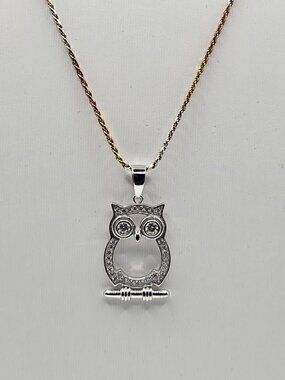 Moissanite Owl Pendant 22" Tri-Color Rope Chain S925 Silver Set